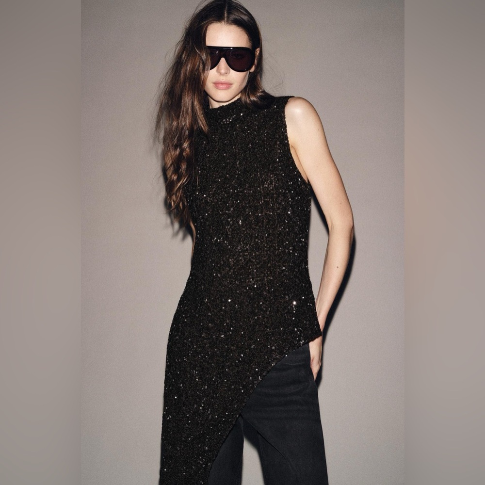 Zara Brown Asymmetric Sequin Top